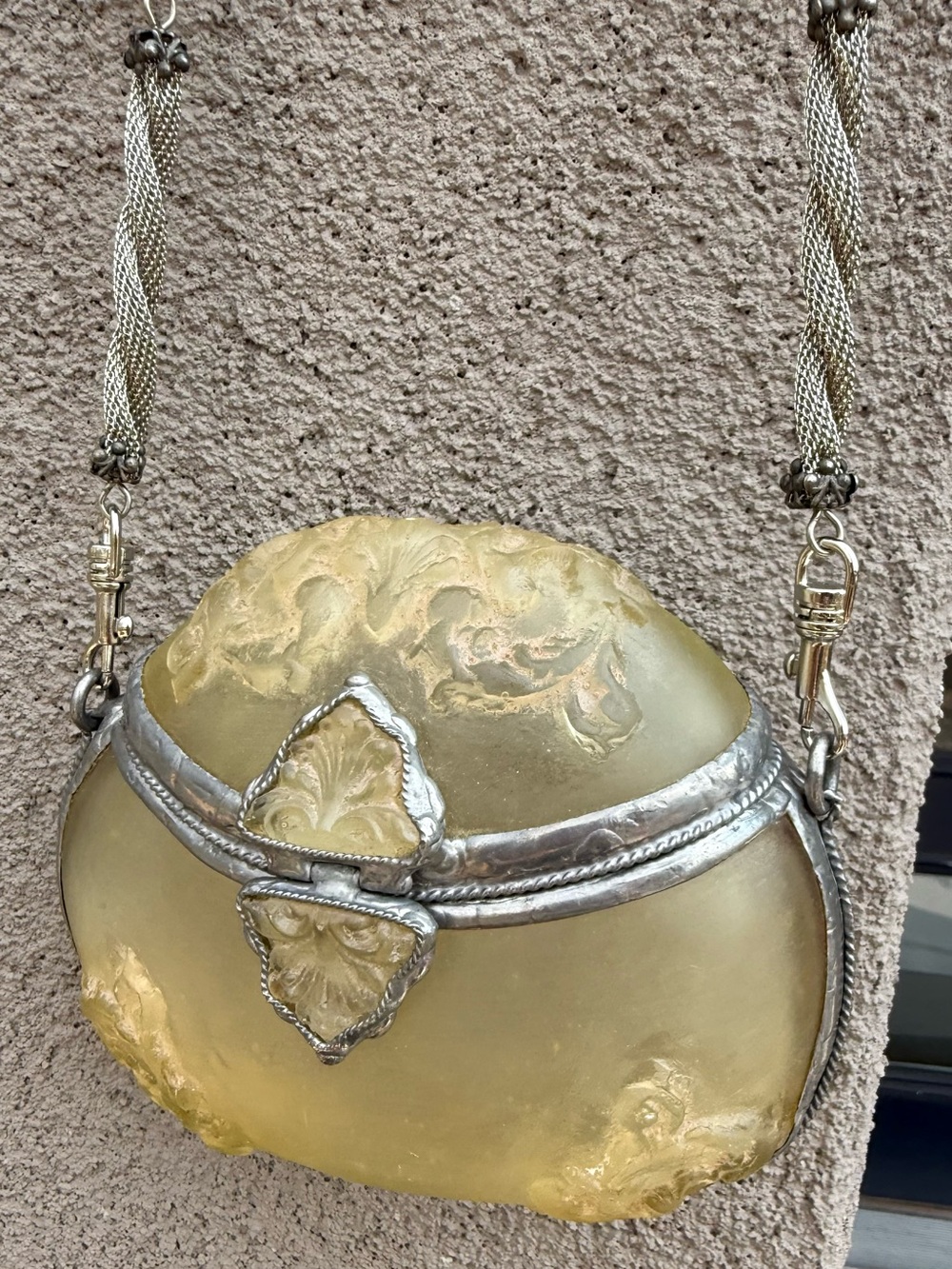 Maya Carved Resin Statement Purse ~ Silver Hardware Beaded Tassel Strap Boho